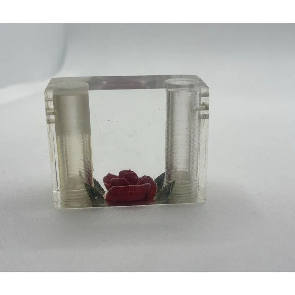 VINTAGE LUCITE HAND CARVED RED ROSE SALT PEPPER SHAKER PAPERWEIGHT